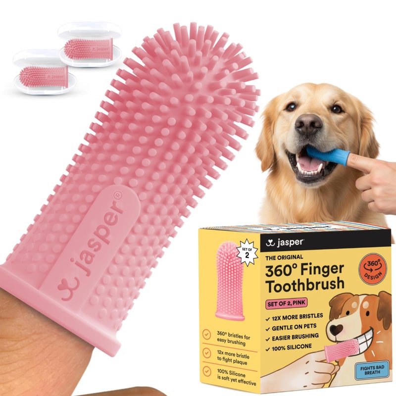 Jasper Dog Toothbrush, 360 Degree Pet Tooth Brushing Kit, Cat Toothbrush, Canine Dental Care & Teeth Cleaning Kit, Pet Finger Tooth Brush, Use with Dog Toothpaste, 2-Pack Pink - Image 1